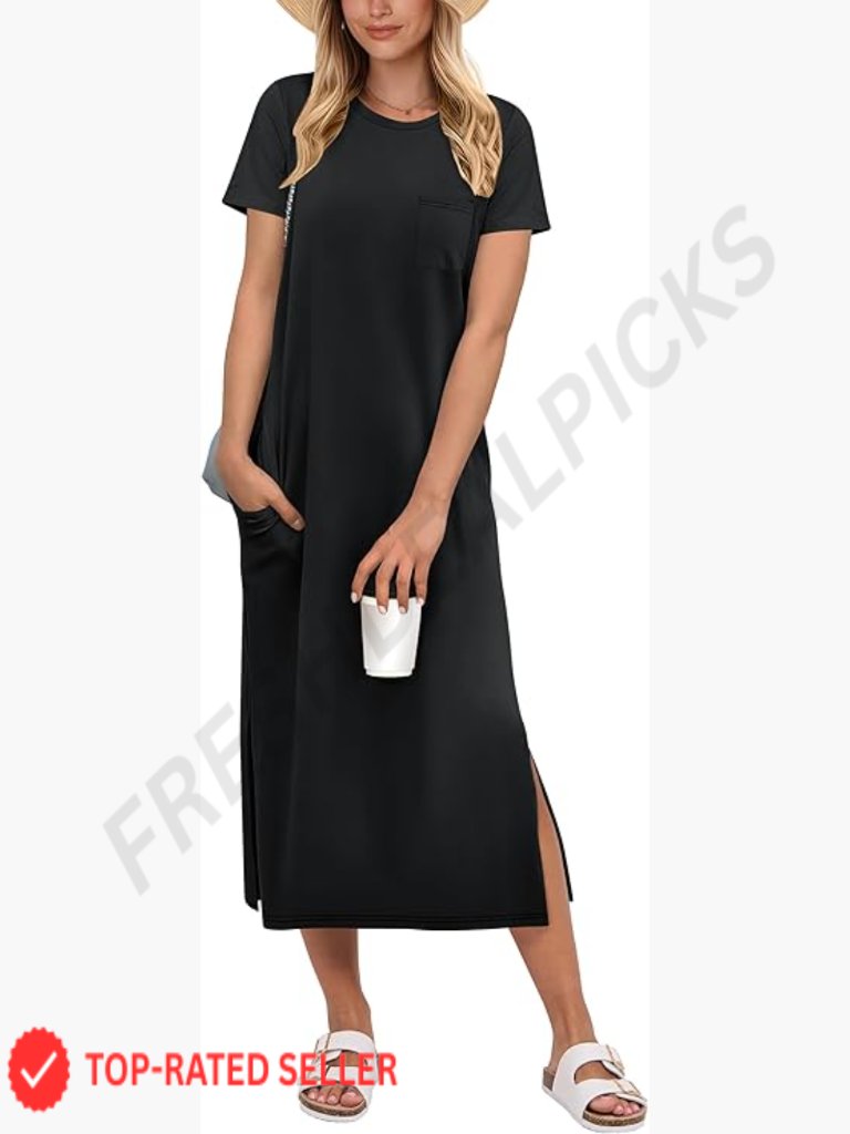 Midi Dress Short Sleeve Split Stripe Comfy Casual Beach Vacation Wear